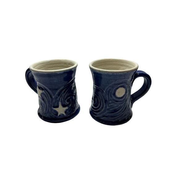 Handmade Art Ceramic Pottery Pair Of Sun And Moon Mugs Blue And White 2 Cups - Picture 1 of 13